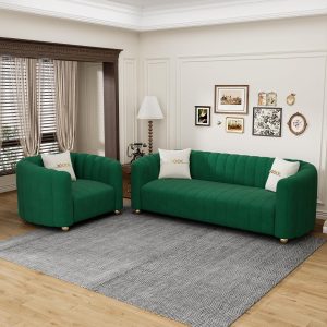 2 PCS 83" Velvet Sofa Set Include Mordern Accent Chair & 3 People Sofa with Eucalyptus Frame 750LBS Load Bearing Capacity for Living Room, Bedroom