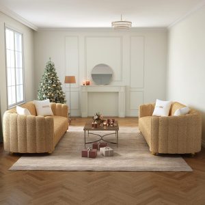 83'' Sofa for Living Room Modern Teddy Short Plush Couch 3-Seater Apartment Sofa with 2 Pillows & Golden Metal Legs (2PCS Khaki)