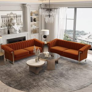 83'' Velvet Couch Sofa Mid-Century Modern Love Seat Chesterfield 3 Seat Couches Sofa for Living Room Apartment (Orange-2 PCS)